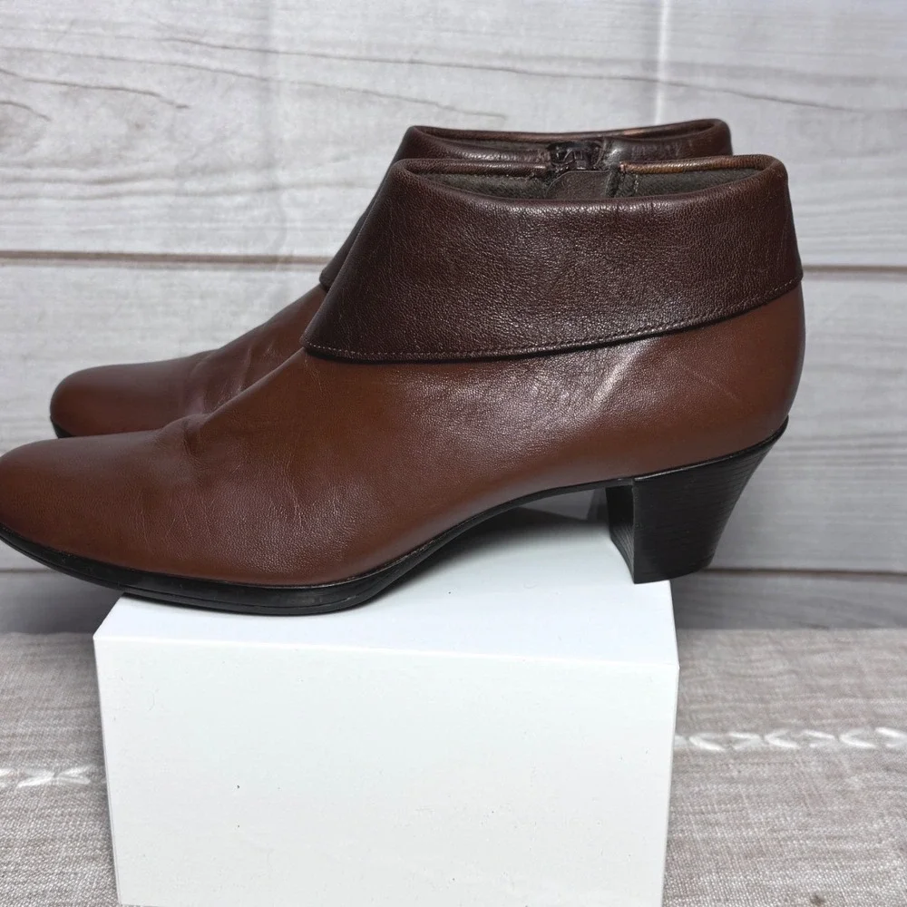 Munro American Womens Brown‎ Leather Ankle Boots Side Zip Block Heel Shoes